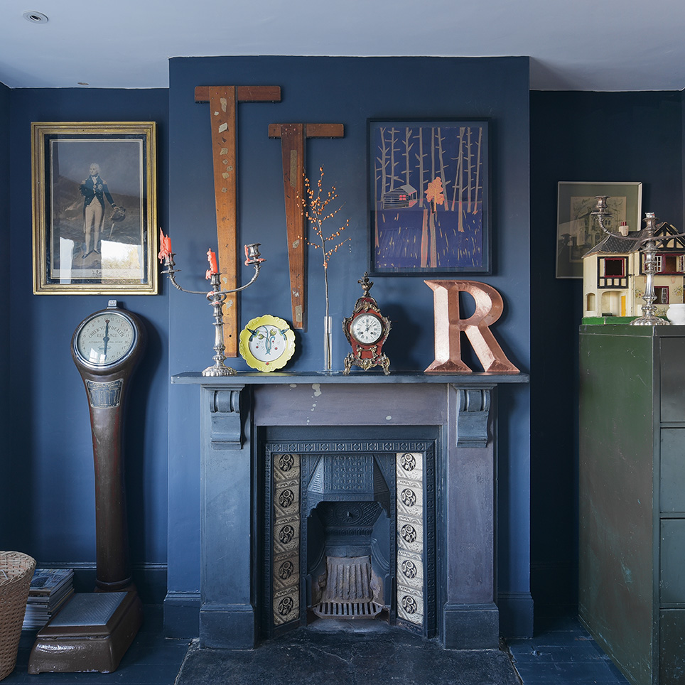 blue fireplace interior photoshoot