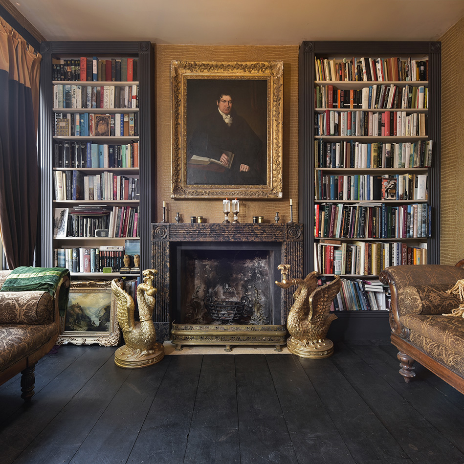 book shelves and fireplace