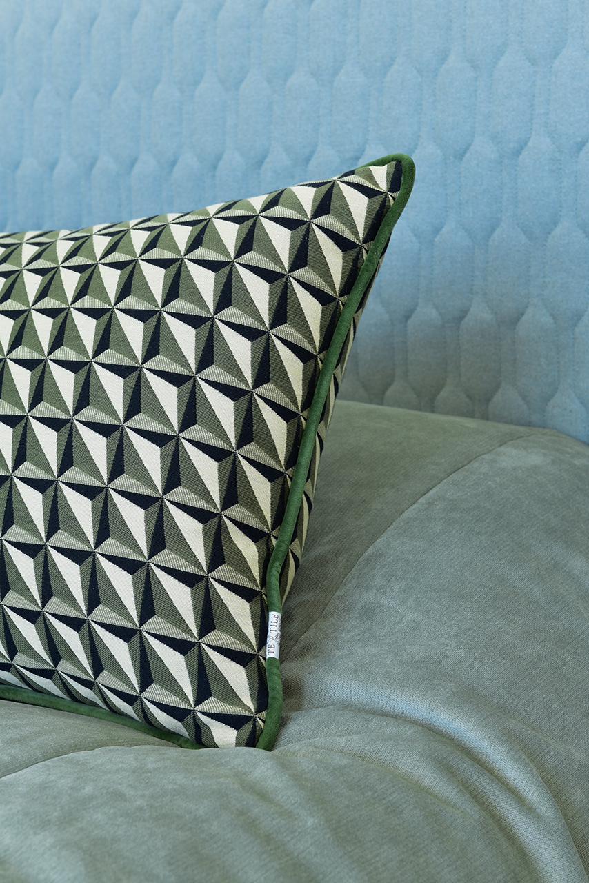 Cushion furnishing on bed. Interior photo