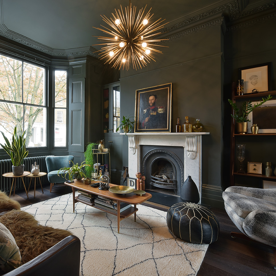 green living room fireplace editorial interiors photo