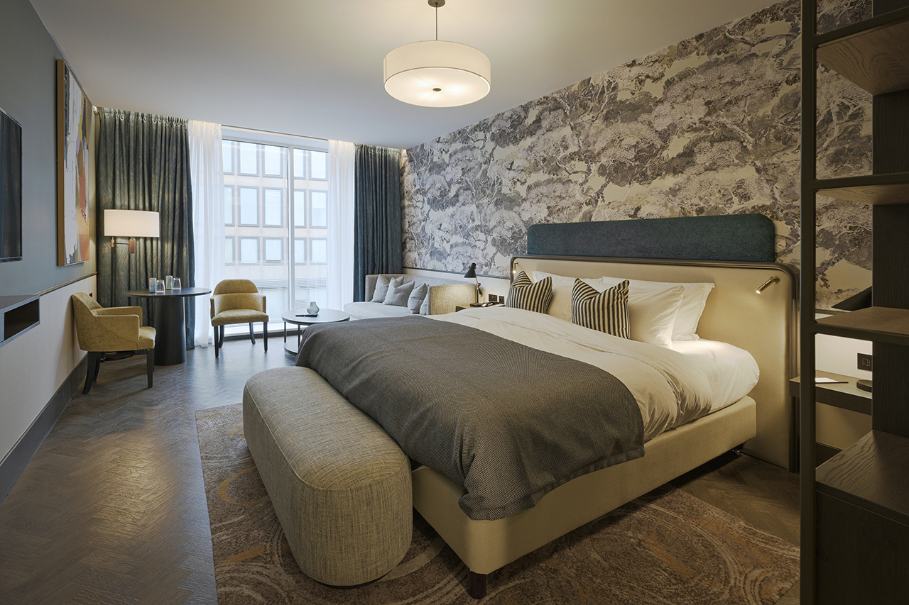 hotel interior photographer professional photo of hotel bedroom with patterned wallpaper and luxury soft furnishings