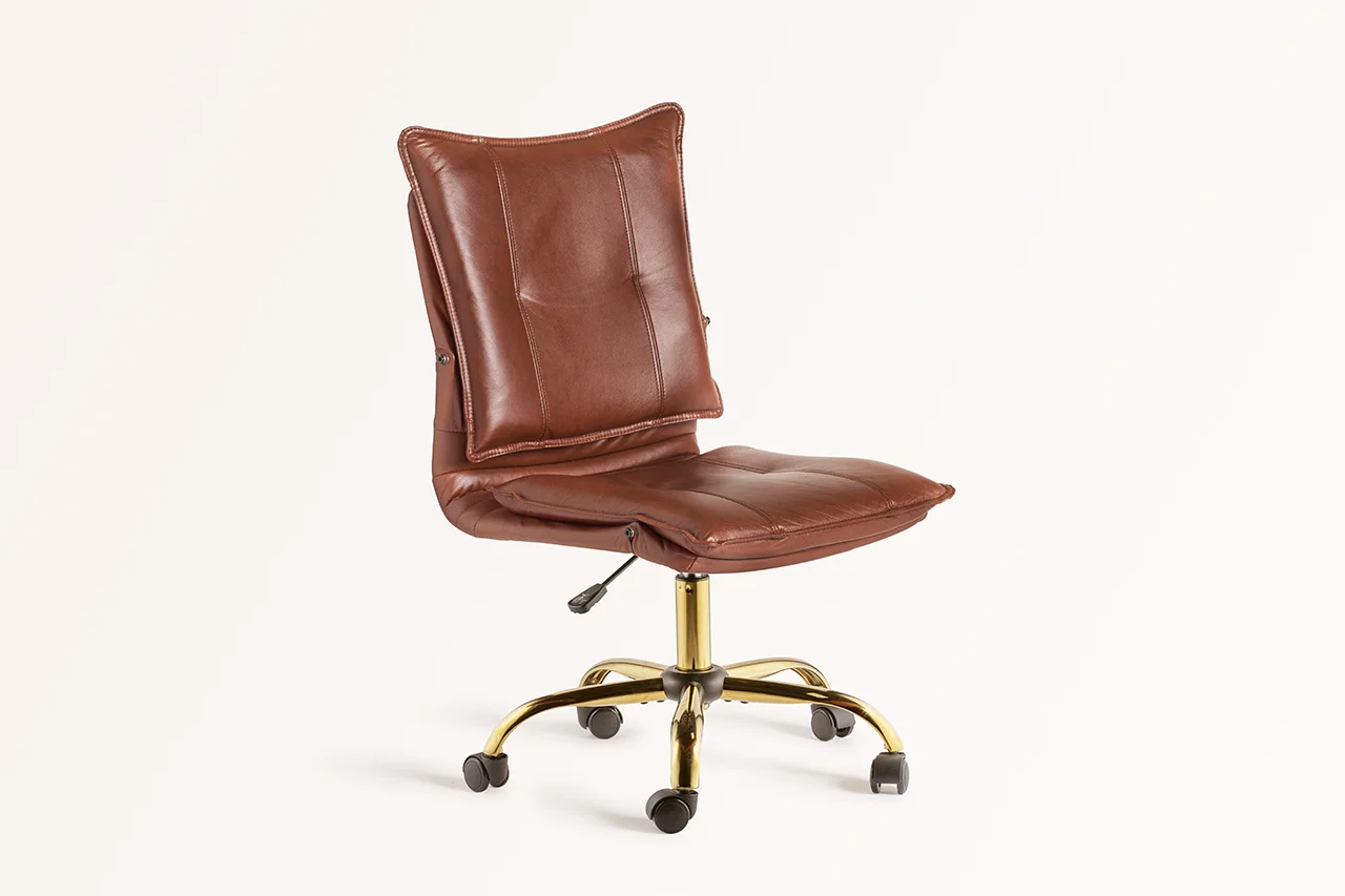 office chair furniture product photography, brown and gold leather chair